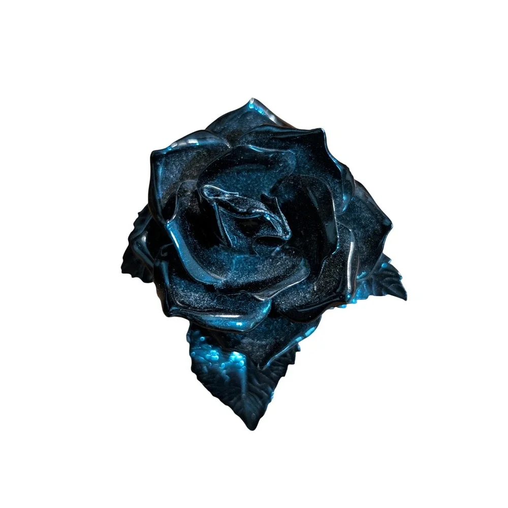 Vintage Black Rose Brooch Glossy Floral Pin Gothic Victorian Style 2.25 Inch